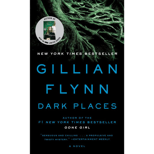 Book cover of 'Dark Places' by Gillian Flynn with green tree branches and author's name displayed.