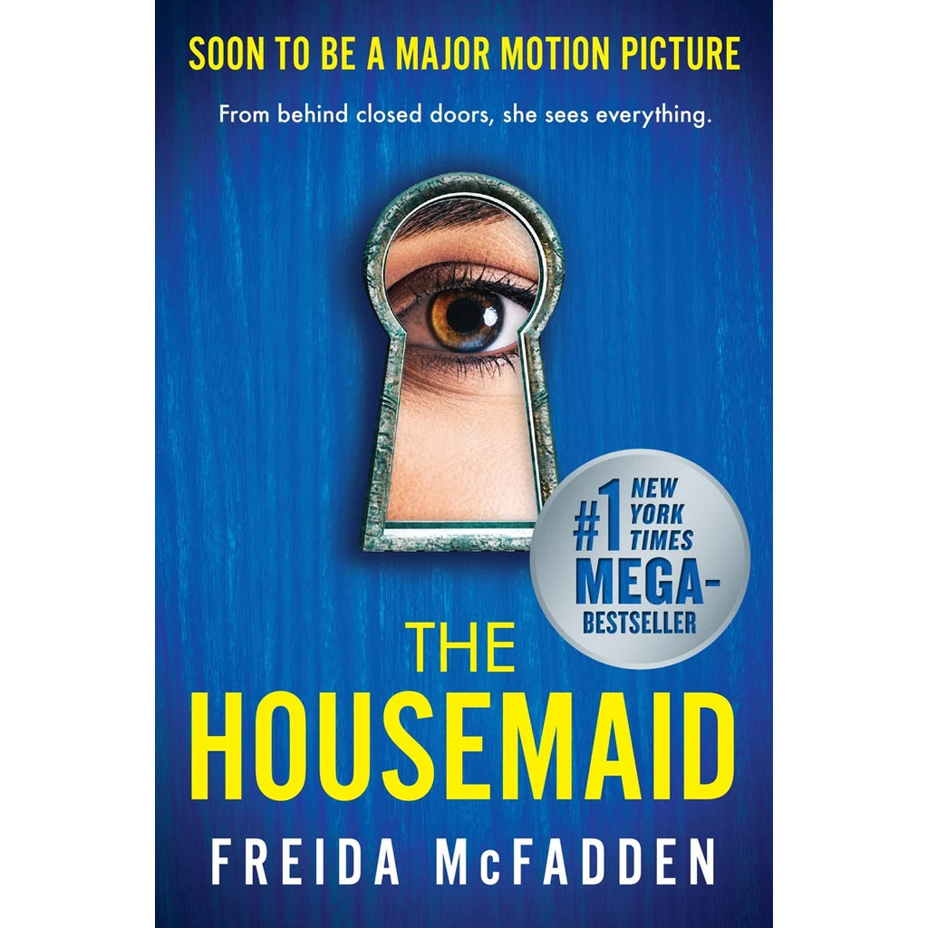 Book cover of 'The Housemaid' by Freida McFadden with a keyhole design and eye illustration.